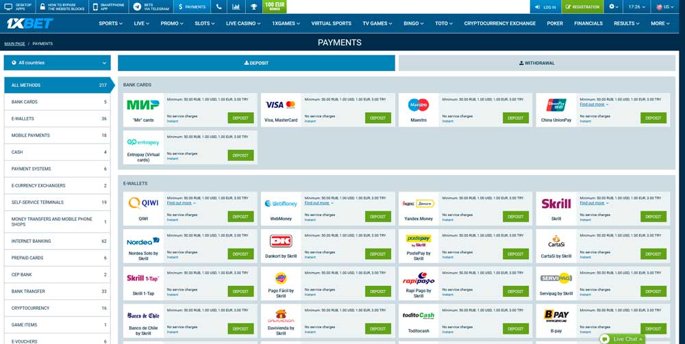 1xbet payment methods 