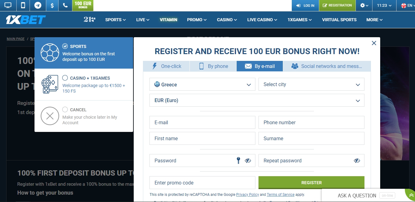 1xBet registration by mail